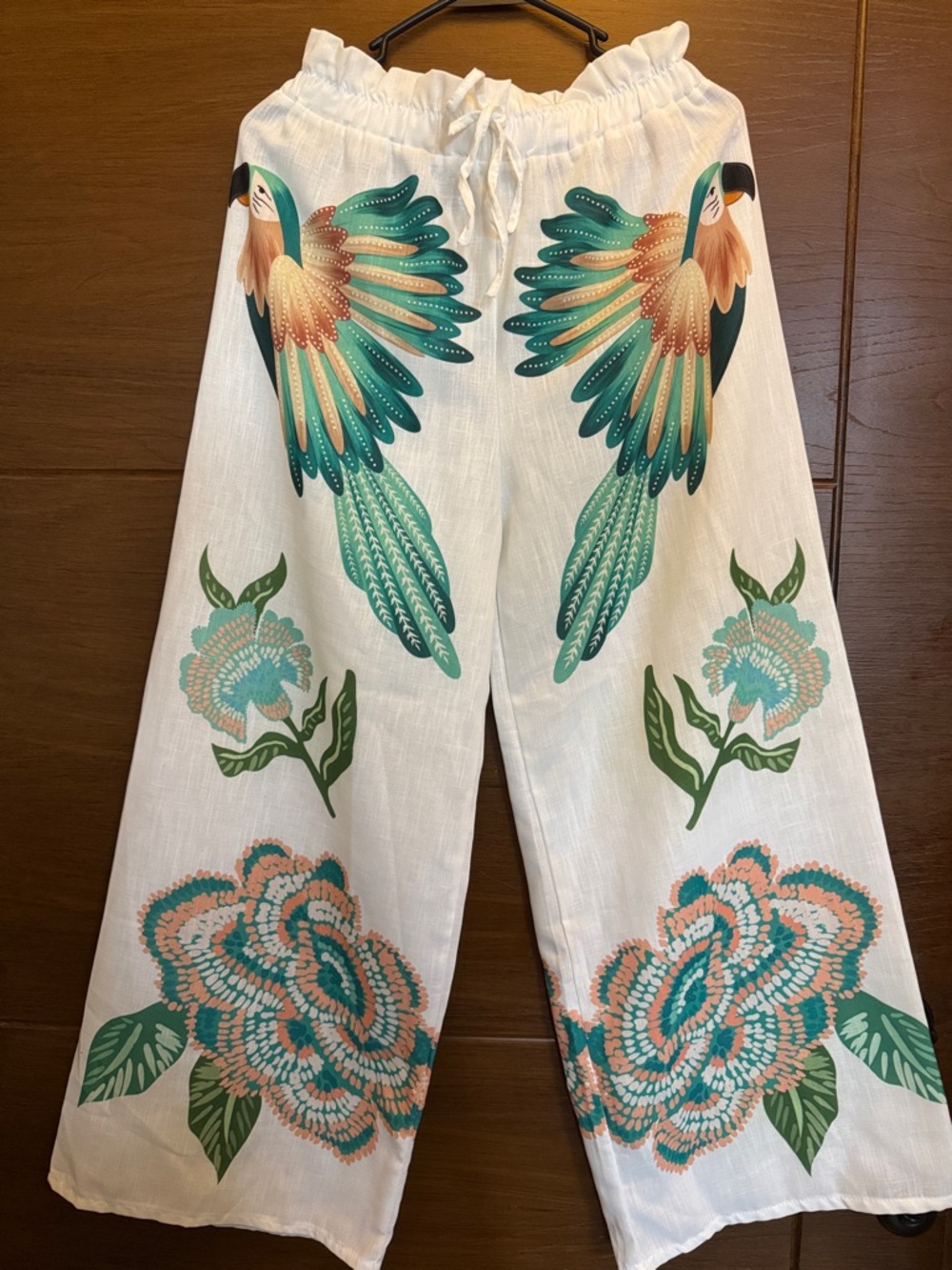 White Wide-Leg Pants with Teal & Coral Parrot Floral Print